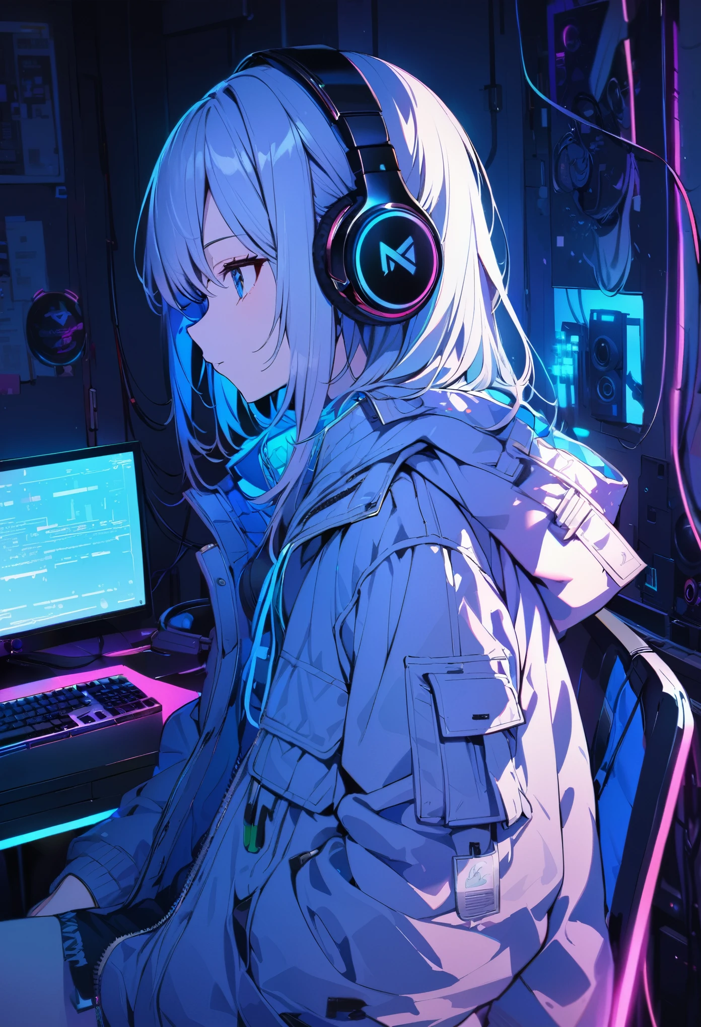 Super detailed,1 girl, alone, jacket with parka, nice, headphone, RGB lighting headphones, headphones with Blue lighting, headphone with cable, Blue lighting, wallpaper
