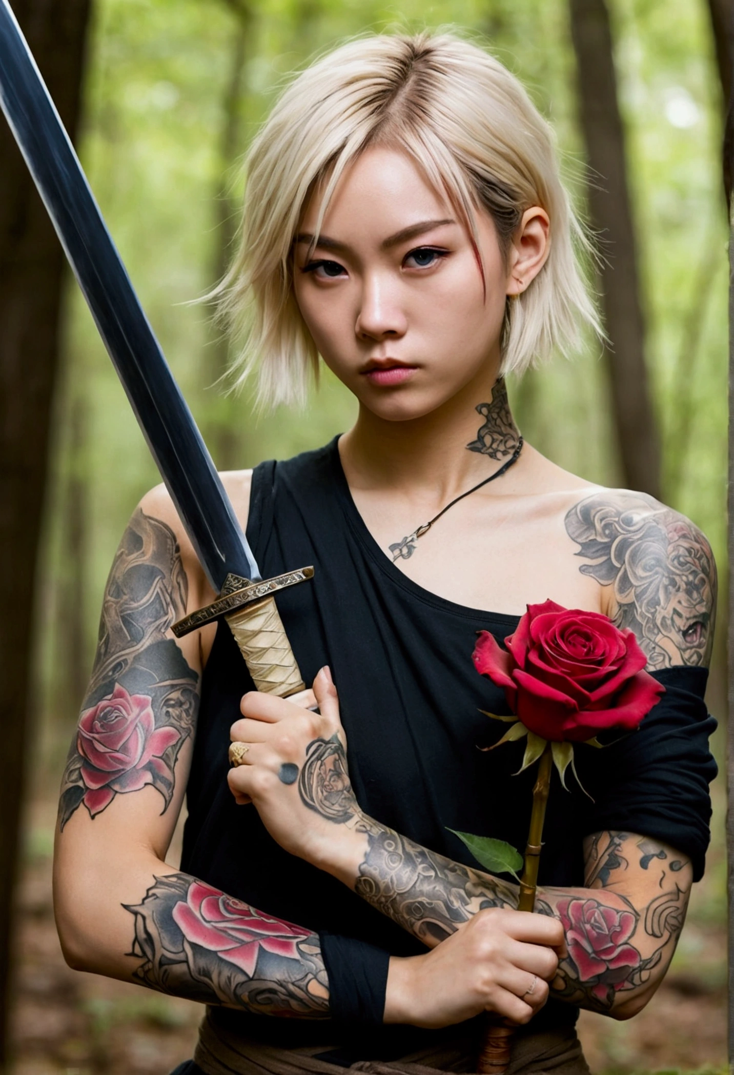 20Year、beautiful,、Cute Girls、Warrior、dragon tattoo on arm、Hold the Japanese sword in front of your body、Draw your sword and prepare、Sharp Eyes、Enemy's blood on his cheek、In the woods、Swordsman、Rose tattoo on chest、Blonde、Contemporary face、