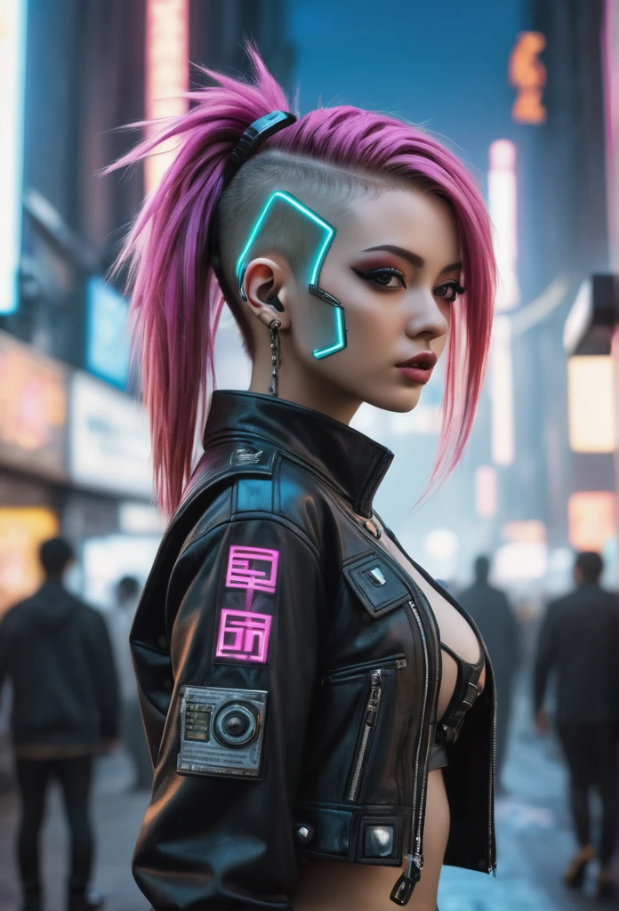 (Highest quality,8k,32K,masterpiece,Ultra-high resolution:1.3),Ultra-high resolution,(Photorealistic:1.4),RAW Photos, cyber punk竜人, A face with attention to detail,cyber punkヘア,cyber punkファッション,Very fine clothing,Half Body Shot,
,cyber punkシティの背景,Backlight effect, Lens flare, Depth of written boundary, cyber punk