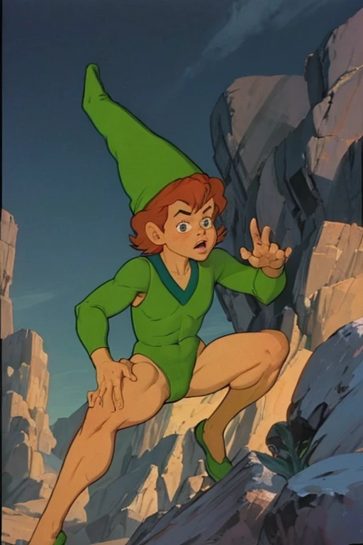 a redhead cartoon character dressed in a green leotard, very muscular, a 14 year old male wizard, 1980s cartoon, animated episode still, Presto (((mad))), ((Wears a wizard hat on his head))