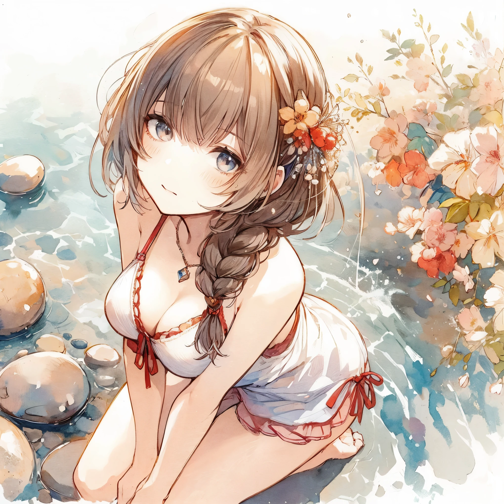 Official art using high-quality hand-drawn watercolor sketch techniques. (best quality,4k,8k,highres,masterpiece:1.2),ultra-detailed,beautiful detailed eyes,A girl with beautiful eyes, everyone, beautiful anime girl, cute anime girl, smooth anime art, anime style, elegant colors, soft lighting, delicate beautiful eyes, very coquettish, (beautiful large breast:1.2), (correct hands:1.2),