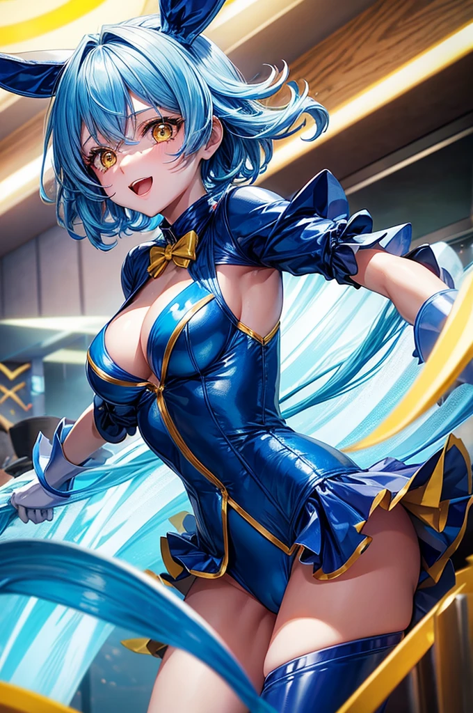 the character rimuru tempest, she have yellow eyes, she is wearing a blue bunny suit in a bar,she have a ager body and she is excited, she have