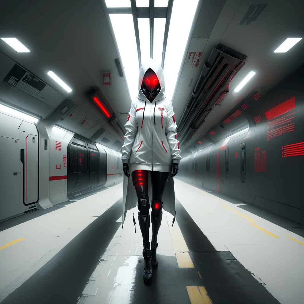 there is a person in a white coat and a red light, dystopian sci-fi character, symmetrical portrait scifi, futuristic cyber subway station, dramatic sci-fi movie still, symmetry! futuristic robotic, hooded figure surreal, dystopian science fiction, cyberpunk anime girl in hoodie, epic science fiction horror, wearing sci - fi cloak with hood, edgy adventure sci fi
