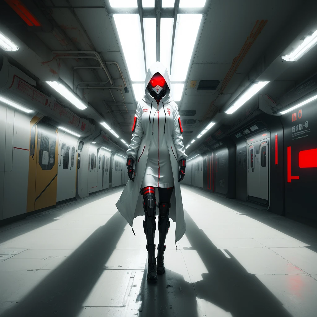 there is a person in a white coat and a red light, dystopian sci-fi character, symmetrical portrait scifi, futuristic cyber subway station, dramatic sci-fi movie still, symmetry! futuristic robotic, hooded figure surreal, dystopian science fiction, cyberpunk anime girl in hoodie, epic science fiction horror, wearing sci - fi cloak with hood, edgy adventure sci fi