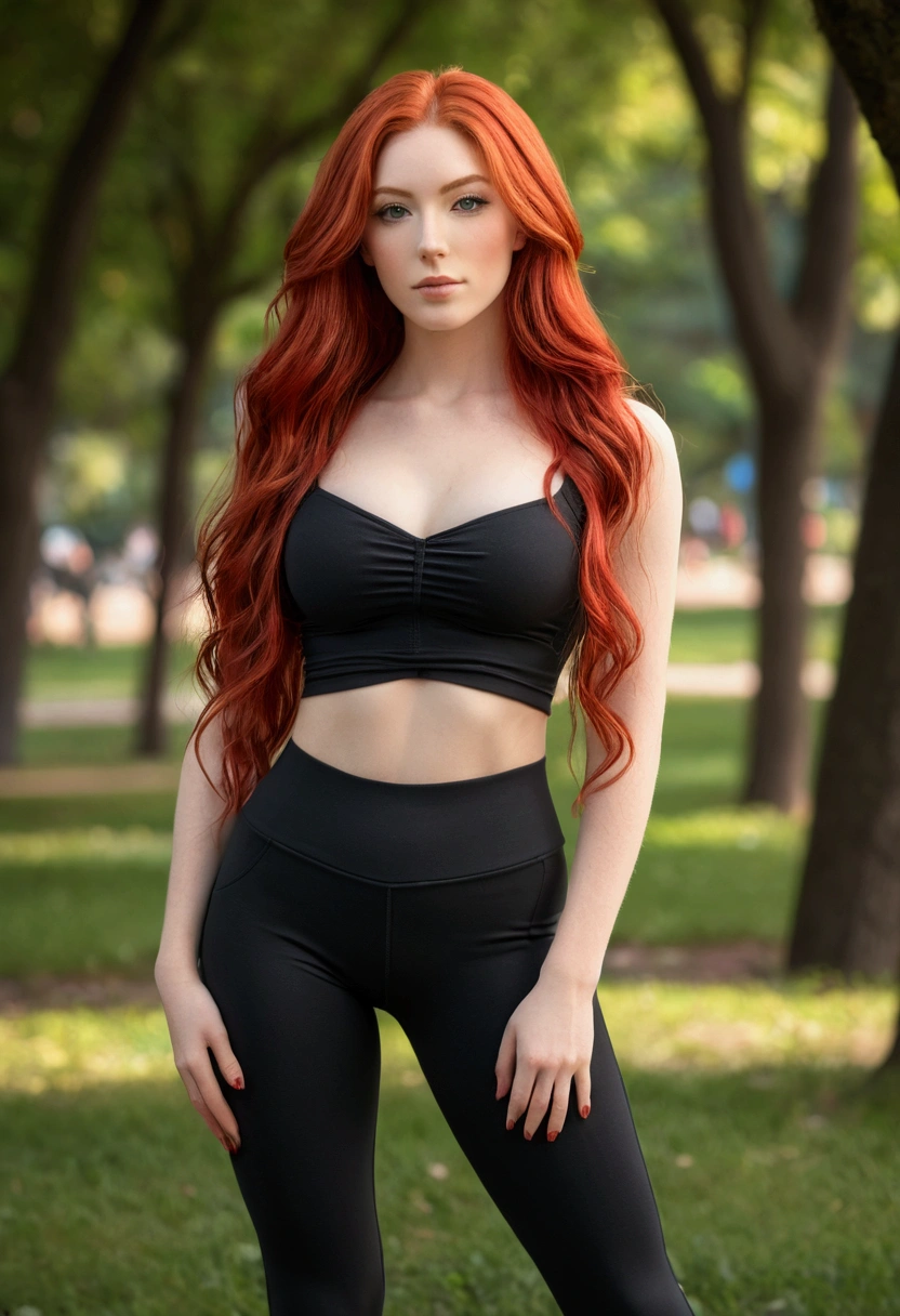 ultra realistic, photography, long red hair, girl, 24 years old, hourglass figure, perfect body, long legs, Flirty look, extremely detailed artgerm, in the style artgerm, small natural breasts, facing the camera, Nikon z fx, lens 35 mm, blur background, wearing a red lowcut top, wearing black tight yogapants, outside in a park,