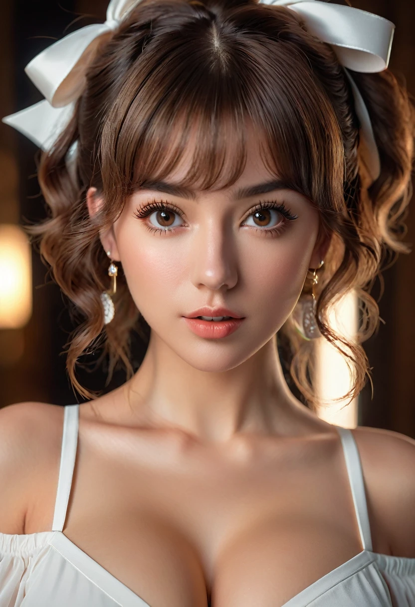 (best quality, 4k, highres, highres face details),18 yrs old, 1girl, solo, athletic figure, tan skin, hoop earrings, perfect nose, perfect lips, fake lashes, large breasts, large butt, deep cleavage, pretty face, cute face, wearing a black bathrobe, big nipples, big areolas, naked underneath, soaking wet, brown hair, short curly hair, crossed bangs, brown eyes, constricted pupils, hair ribbon, hoop earrings, cinematic lighting, Ultra-Wide Angle, Canon, Hyperrealism, UHD, masterpiece, textured skin, high details, best quality, detailed eyes, detailed iris, whole body photo, posing for the camera