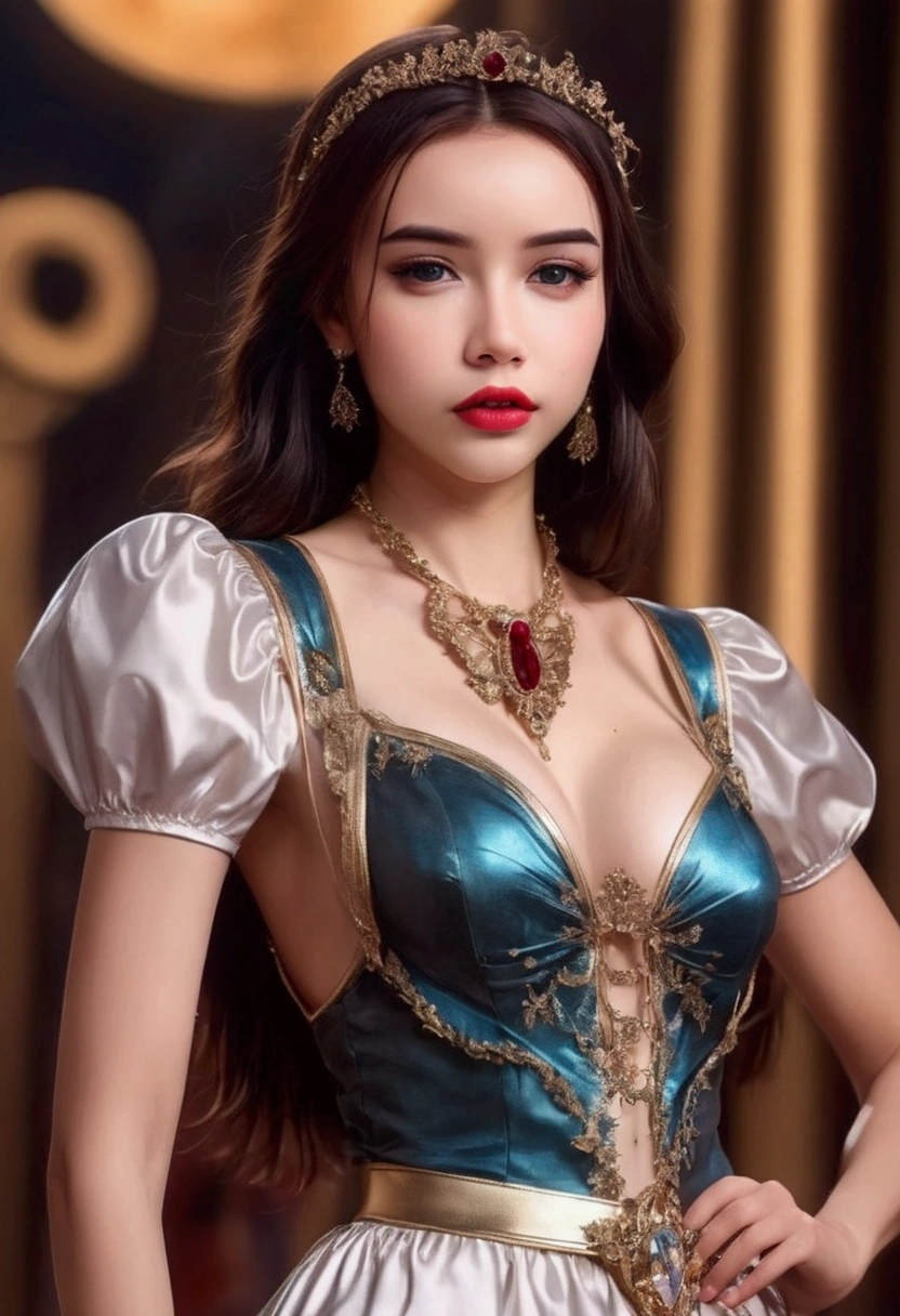 a cute woman, young woman, 25 years old, disney character themed outfit, sexy outfit, glamorous poses, fashion show, on the runway, in the spotlight, full body shot, detailed facial features, beautiful eyes, long eyelashes, detailed lips, high quality, 8k, photorealistic, masterpiece, vivid colors, studio lighting, concept art, fantasy, disney, digital painting