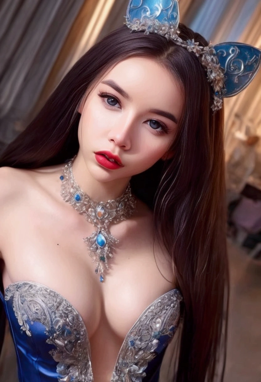 a cute woman, young woman, 25 years old, disney character themed outfit, sexy outfit, glamorous poses, fashion show, on the runway, in the spotlight, full body shot, detailed facial features, beautiful eyes, long eyelashes, detailed lips, high quality, 8k, photorealistic, masterpiece, vivid colors, studio lighting, concept art, fantasy, disney, digital painting