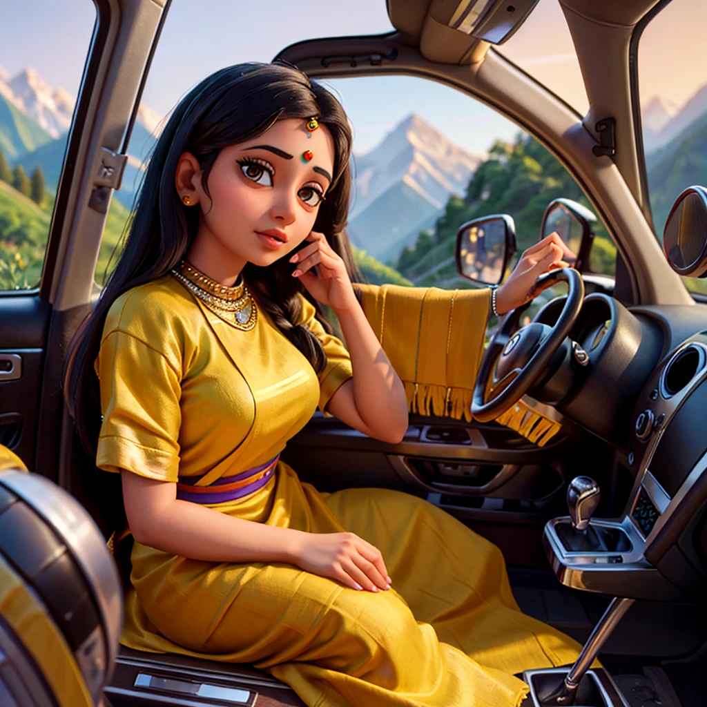 a beautiful young indian woman with detailed eyes, beautiful lips, long eyelashes, wearing traditional indian clothing, sitting in the front seat of a taxi, driving through the scenic mountains of manali, stunning mountain landscape, vibrant colors, warm lighting, cinematic composition, 8k, highly detailed, photorealistic, masterpiece