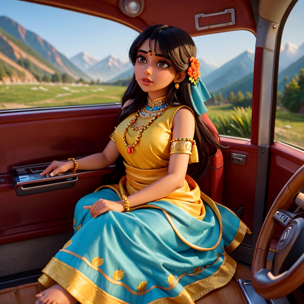 a beautiful young indian woman with detailed eyes, beautiful lips, long eyelashes, wearing traditional indian clothing, sitting in the front seat of a taxi, driving through the scenic mountains of manali, stunning mountain landscape, vibrant colors, warm lighting, cinematic composition, 8k, highly detailed, photorealistic, masterpiece