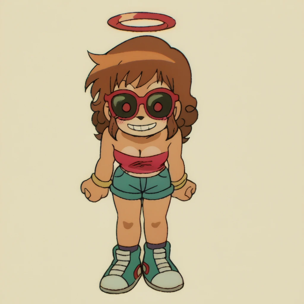 score_9, score_8_up, solo, mobian, hedgehog, two-tone fur ((orange fur, brown fur)), pyjama elastic shorts, strapless crop top, cleavage, high-top sneakers, two-tone hair (brown hair, black tip)), curly hair, halo, sunglasses, jewelry, red eyes, longeyelashes, red eyes, smile, shy, blush