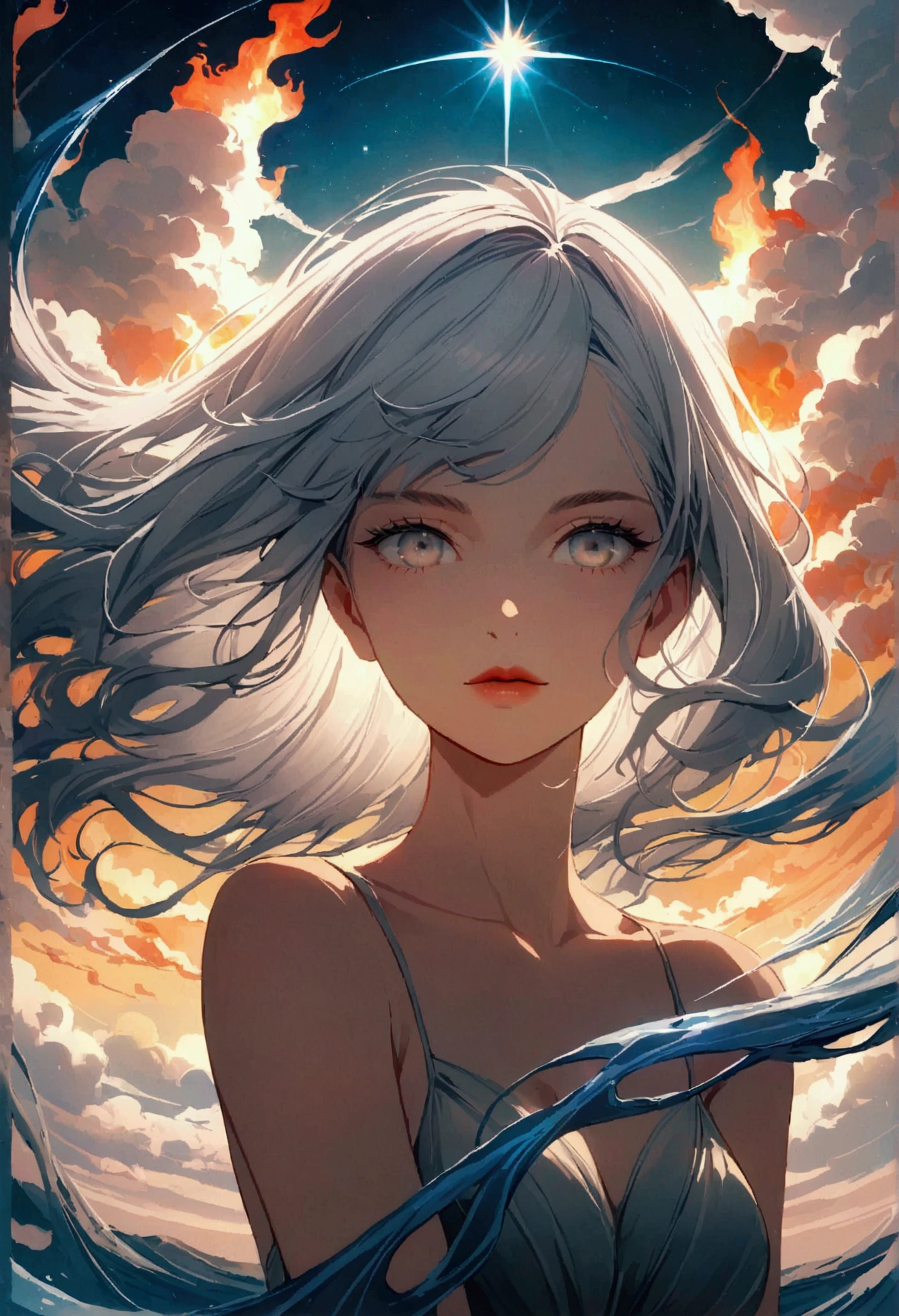 woman, Short, flowing silver hair., eye of the universe, beautiful sky, Beautiful clouds, in the summer,Improve resolution