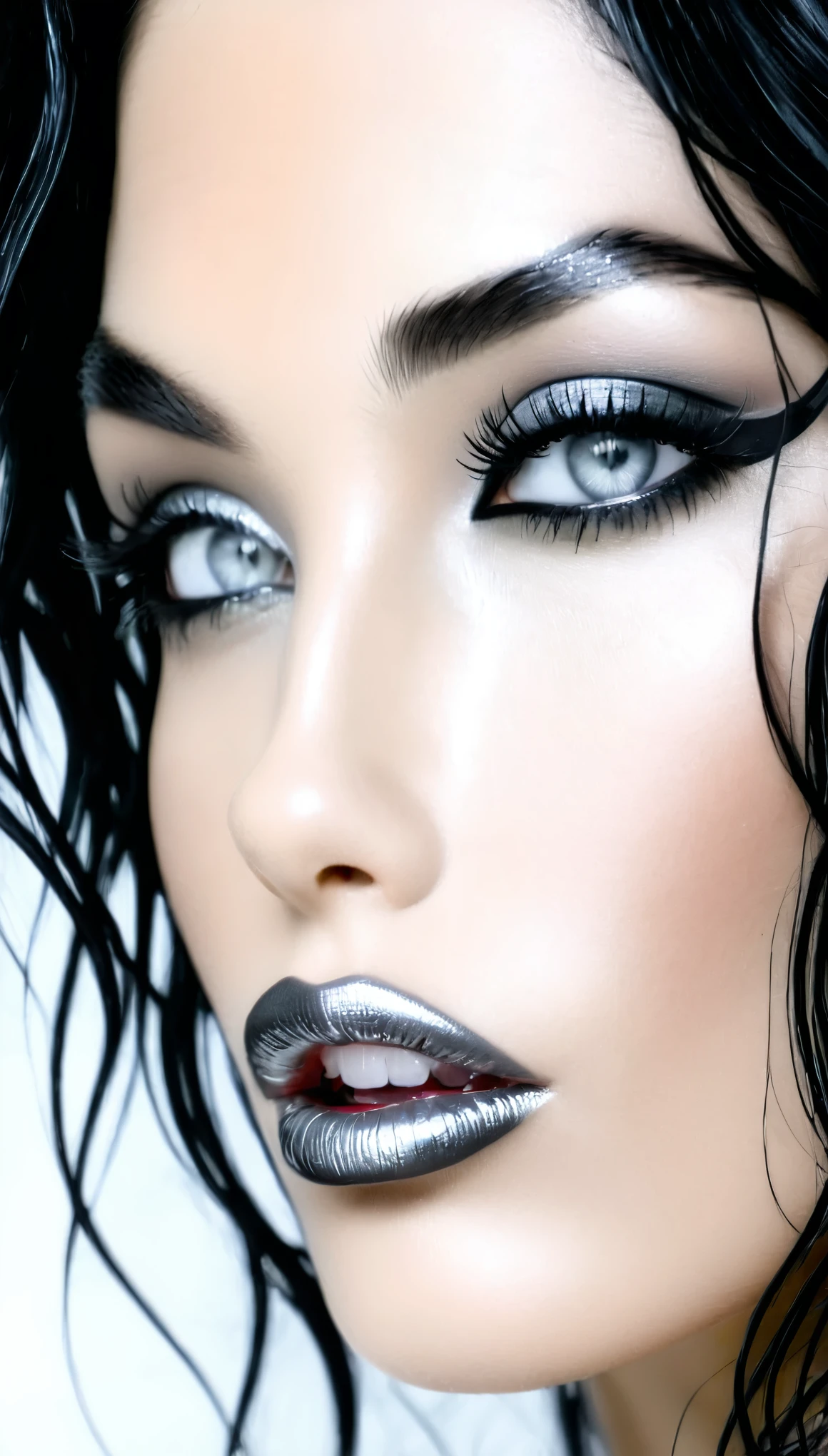 1 Aubade girl, Magnificent, long thin black hair and wavy and wet, yeux gris argenté brillants, black eyeliner, (chrome gray lips), sensual lips slightly parted