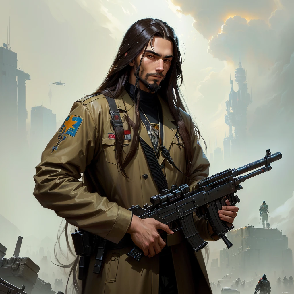 arafed man with long hair holding a machine gun, sergey zabelin, cyberpunk jesus christ, alexey egorov, maxim sukharev, bo bartlett, artem chebokha, by maxim verehin, by Andrei Kolkoutine, kim jung gi, epic oil painting, inspired by Karl Kopinski, inspired by maxim verehin
