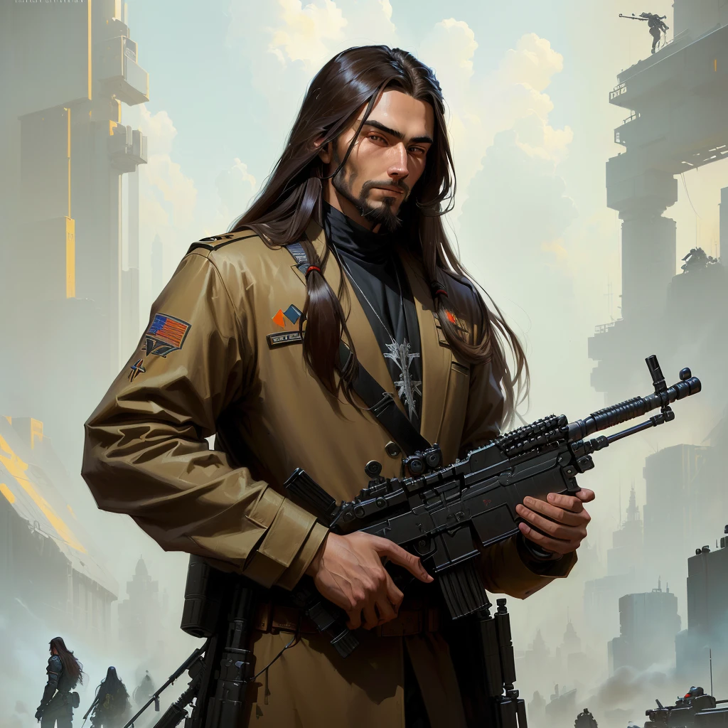 arafed man with long hair holding a machine gun, sergey zabelin, cyberpunk jesus christ, alexey egorov, maxim sukharev, bo bartlett, artem chebokha, by maxim verehin, by Andrei Kolkoutine, kim jung gi, epic oil painting, inspired by Karl Kopinski, inspired by maxim verehin