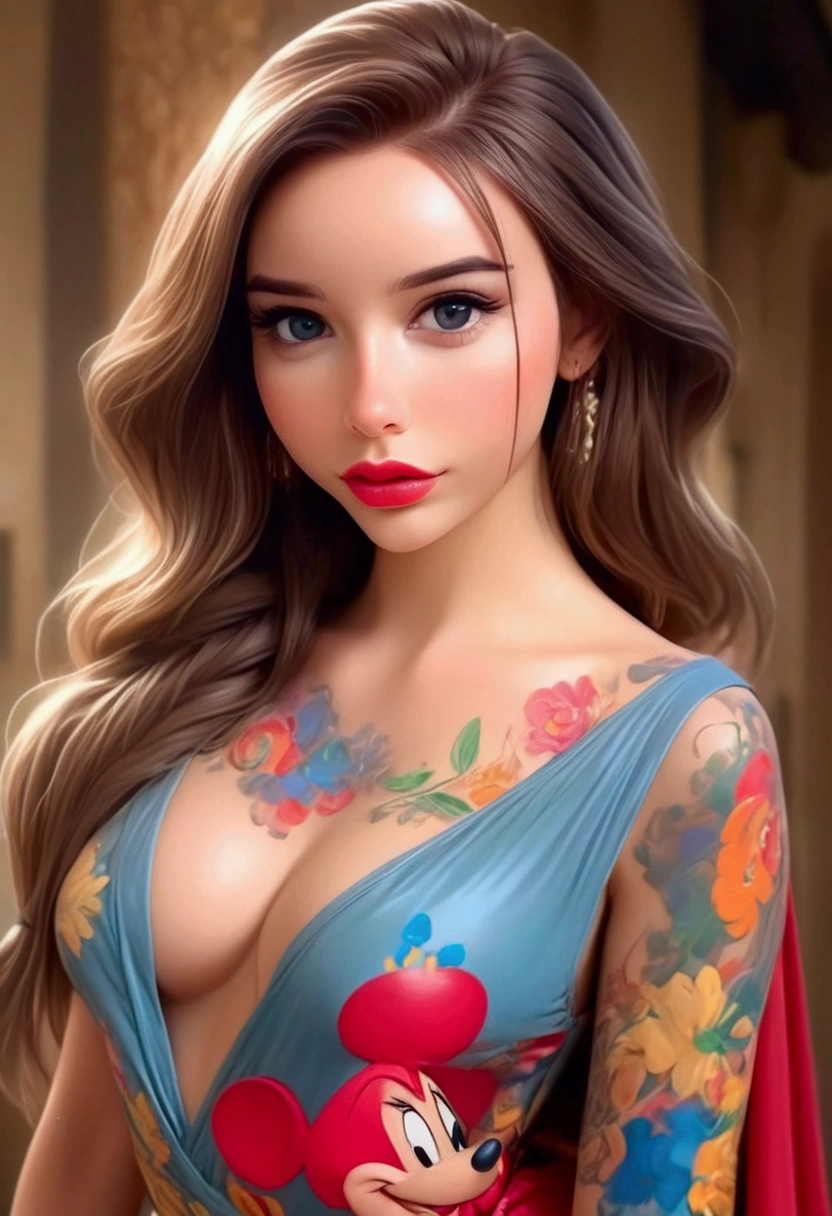 a cute woman, young woman, 25 years old, disney character themed outfit, sexy outfit, glamorous poses, fashion show, on the runway, in the spotlight, full body shot, detailed facial features, beautiful eyes, long eyelashes, detailed lips, high quality, 8k, photorealistic, masterpiece, vivid colors, studio lighting, concept art, fantasy, disney, digital painting