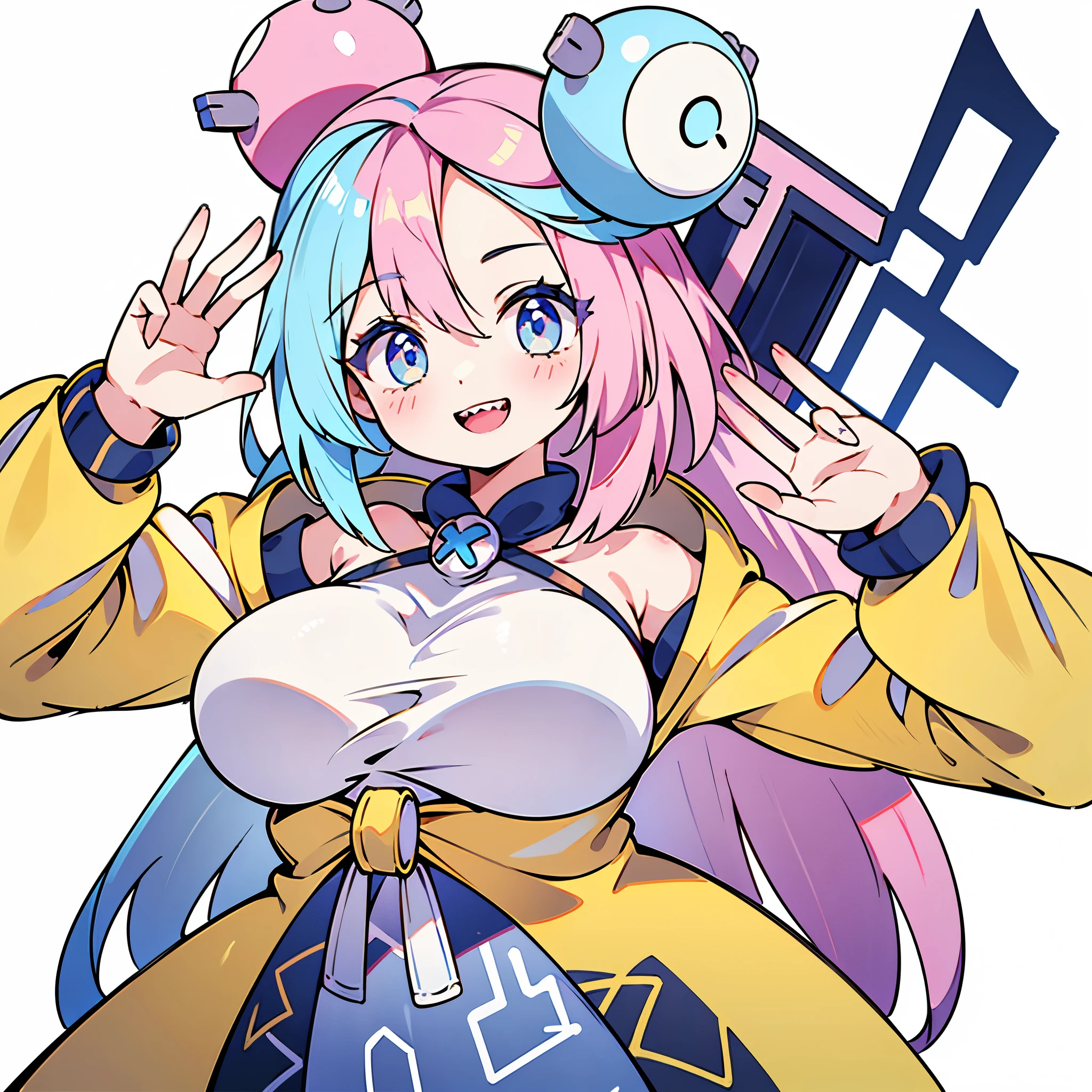 (Highest quality, masterpiece, Very detailedな, Very detailed, Exquisite, 16K,Full HD),(White Background:1.5),、Big Breasts,Pink hair and blue eyes、Yellow Jacket、smile、Nanjamo,No text,(((Detailed fingers))),Upper Body