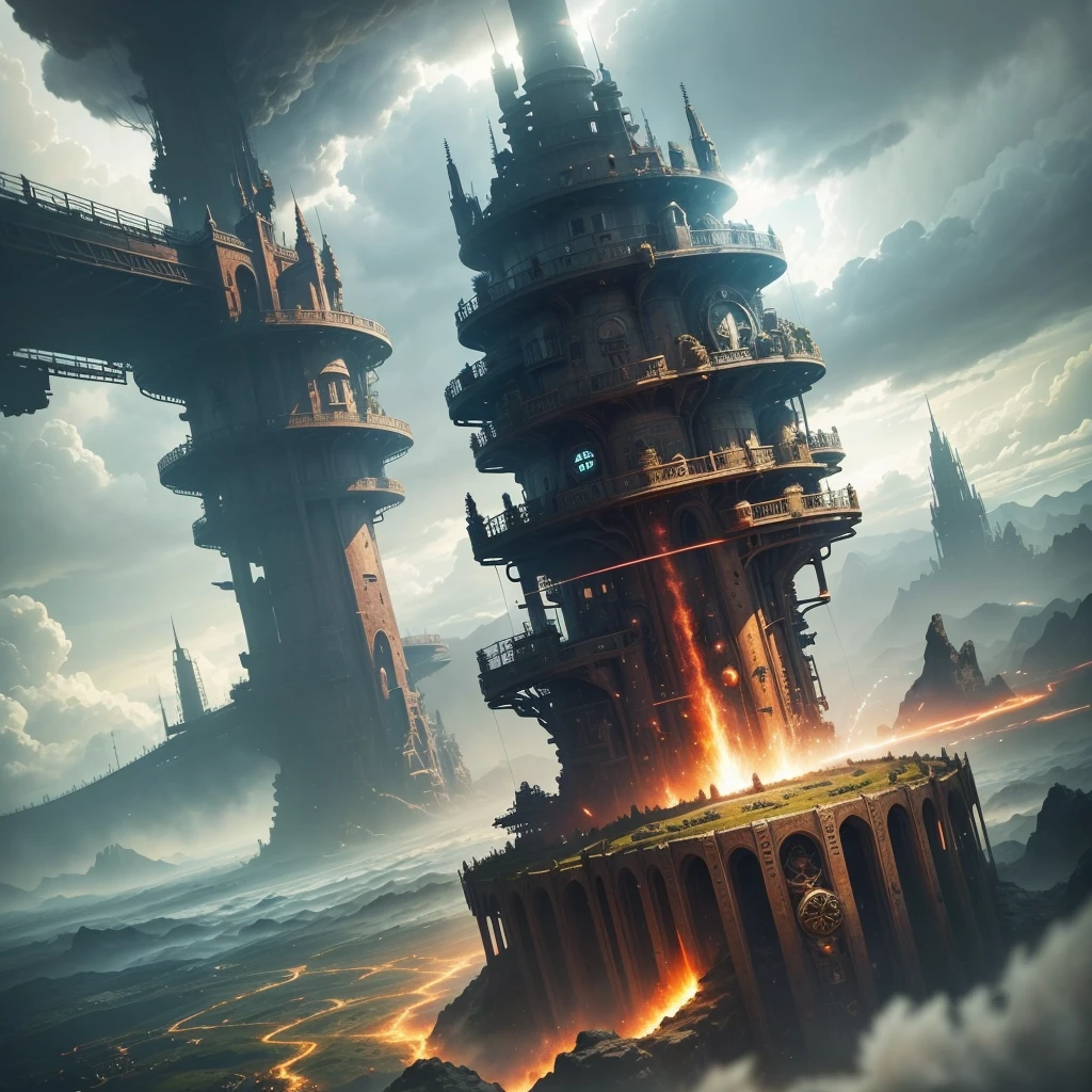 A very dynamic scene. A million years ago. Fantasy world. A giant vintage rusty gear flies through time and space. Wheel of fate and life. Spatial Tunnel with engine pistons. Very Close-up. View from below. Flight through clouds, sparks, green flames. super realistic. cinematic. Blurred background in motion. light haze