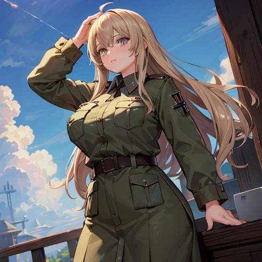 A girl who wears military clothes, brown heirs, gigantic breasts, anime cartoon, german third reich, long heirs,((highest quality)), ((masterpiece)),details, bleu eyes