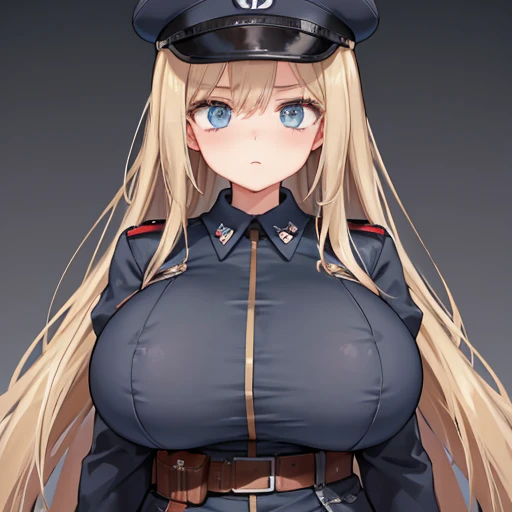 A girl who wears military clothes, brown heirs, gigantic breasts, anime cartoon, german third reich, long heirs,((highest quality)), ((masterpiece)),details, bleu eyes
