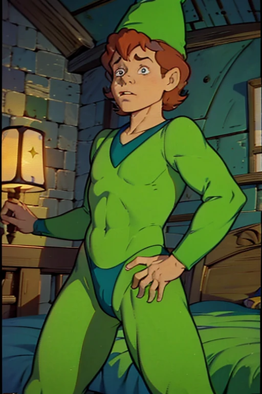 a redhead cartoon character dressed in a green leotard, very muscular, a 14 year old male wizard, 1980s cartoon, animated episode still, Presto (((mad))), ((Wears a wizard hat on his head)), bed