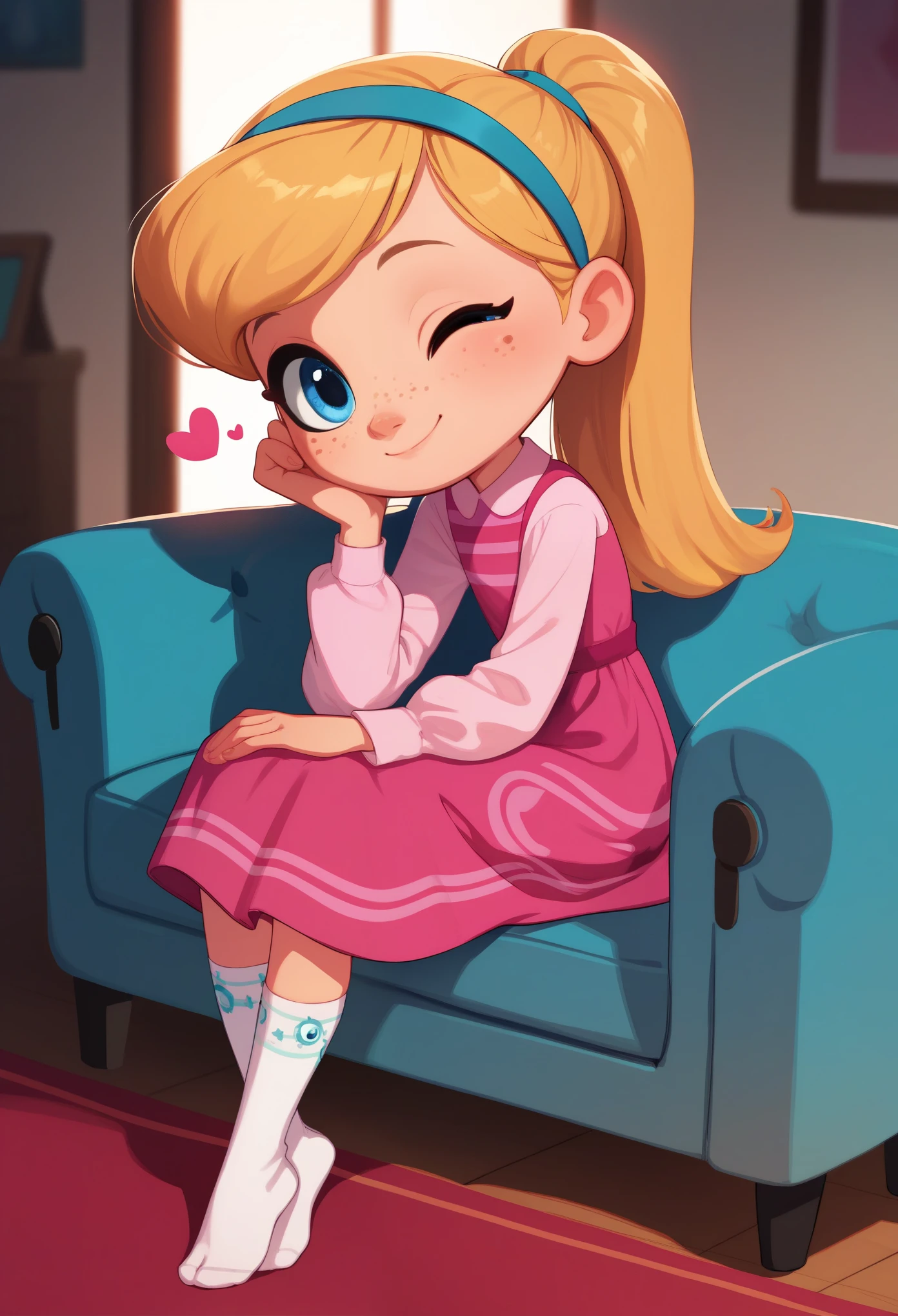 1girl, full body, solo, young girl, 9- , penny peterson, long hair, blue eyes, freckles, blonde hair, skirt, hairband, cyan ribbon, ponytail, white long tube socks, dress, pink dress, long sleeves, no shoes, score_9,score_8_up,score_7_up,score_6_up,score_5_up, sitting, sofa, leaning forward, indoors, smile, cute smile, closed mouth, heart-warming, one eye closed, looking at viewer, soft lighting,
