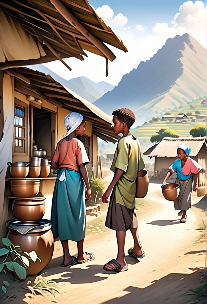 Ultra Realistic, Highly Defined Details, Rose flower, Snowy Mountain Range, Shadowy Distant Back Drop, Bones Liter The Ground, Shandy Color Shading Capturing the Mode, Young Adult African Male Villager, With His Young Brothers Sisters, In the Village, Mountains behind the Village, side view walking, side perspective, sister bending over pot making food, village huts
