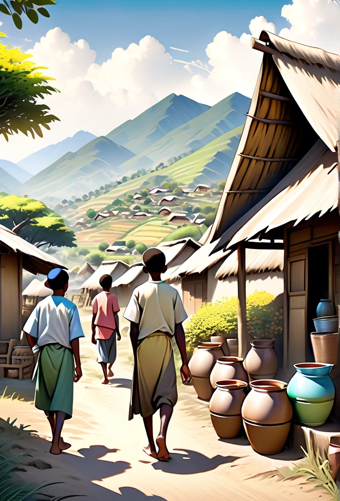 Ultra Realistic, Highly Defined Details, Rose flower, Snowy Mountain Range, Shadowy Distant Back Drop, Bones Liter The Ground, Shandy Color Shading Capturing the Mode, Young Adult African Male Villager, With His Young Brothers Sisters, In the Village, Mountains behind the Village, side view walking, side perspective, sister bending over pot making food, village huts