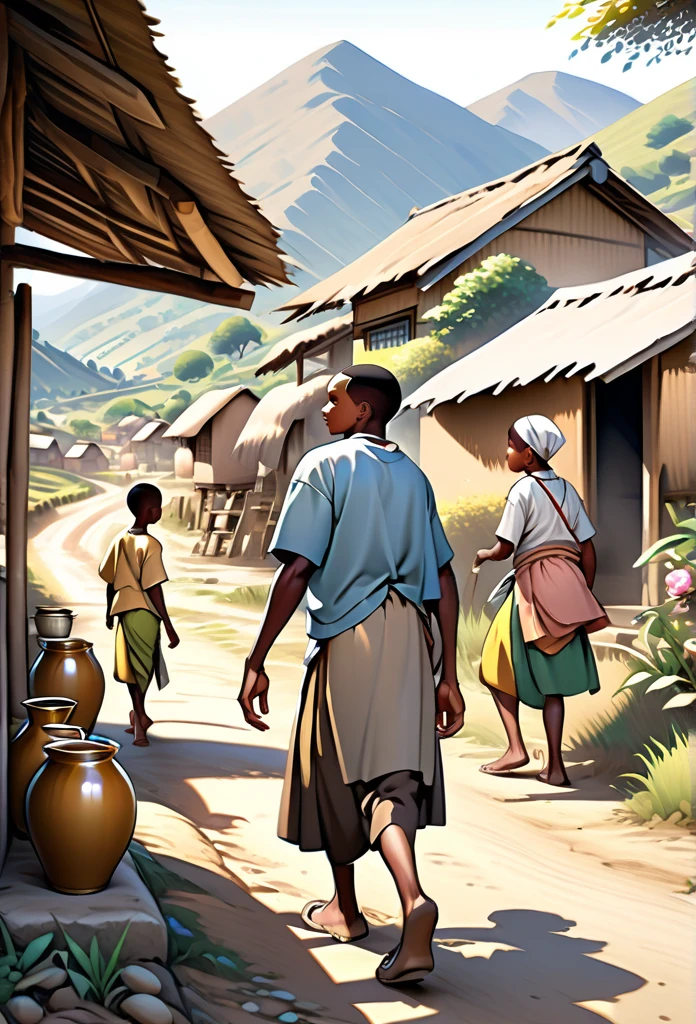 Ultra Realistic, Highly Defined Details, Rose flower, Snowy Mountain Range, Shadowy Distant Back Drop, Bones Liter The Ground, Shandy Color Shading Capturing the Mode, Young Adult African Male Villager, With His Young Brothers Sisters, In the Village, Mountains behind the Village, side view walking, side perspective, sister bending over pot making food, village huts 