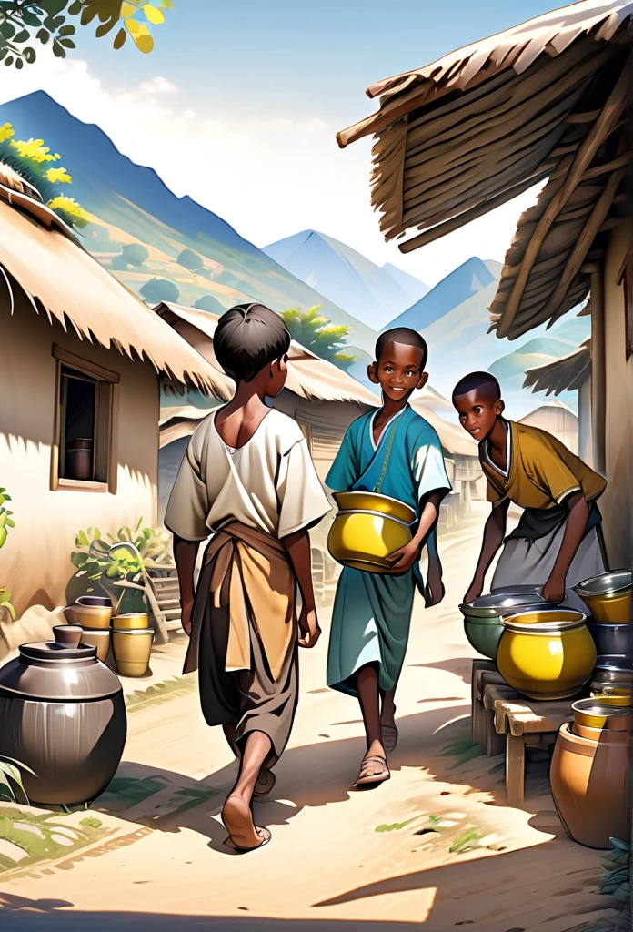 Ultra Realistic, Highly Defined Details, Rose flower, Snowy Mountain Range, Shadowy Distant Back Drop, Bones Liter The Ground, Shandy Color Shading Capturing the Mode, Young Adult African Male Villager, With His Young Brothers Sisters, In the Village, Mountains behind the Village, side view walking, side perspective, sister bending over pot making food, village huts 