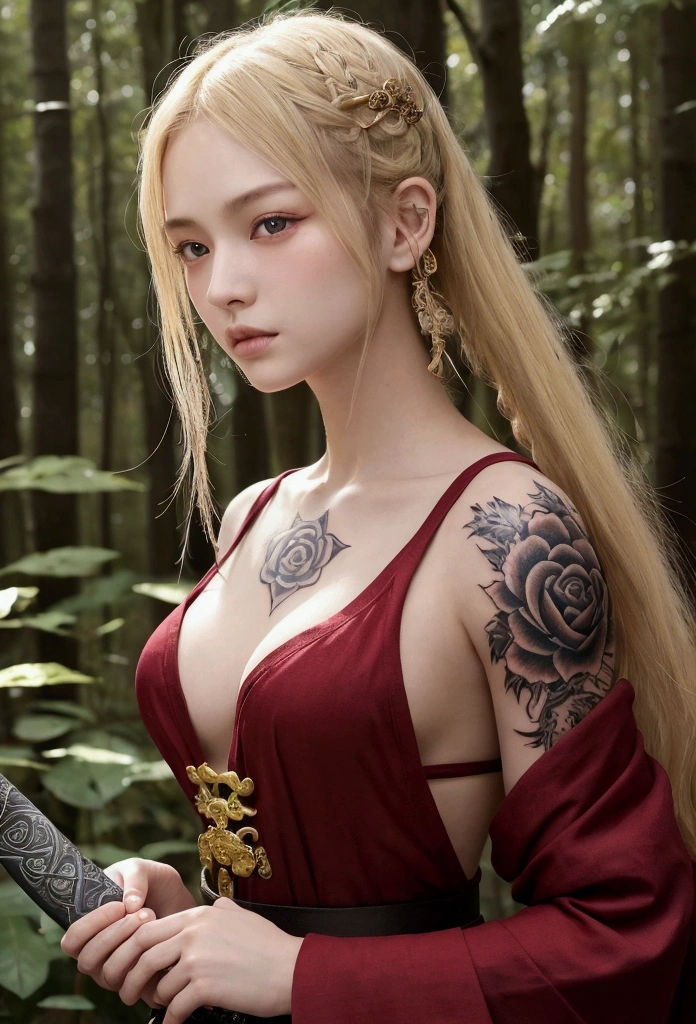 20Year、beautiful,、Cute Girls、Warrior、dragon tattoo on arm、Hold the Japanese sword in front of your body、Draw your sword and prepare、Sharp Eyes、Enemy's blood on his cheek、In the woods、Swordsman、Rose tattoo on chest、Blonde、Contemporary face、