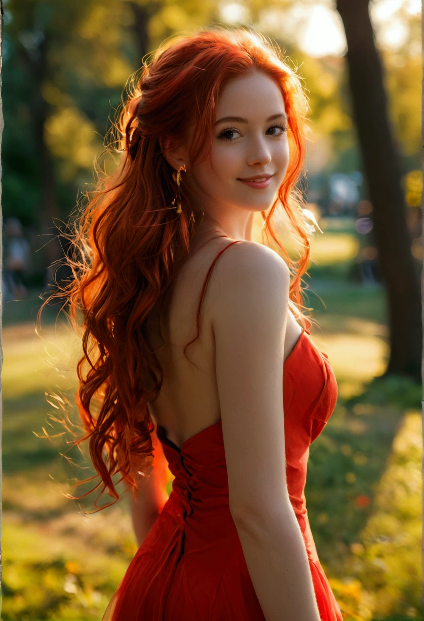 ultra realistic, photography, long red hair, girl, 24 years old, hourglass figure, perfect body, Flirty look, extremely detailed artgerm, in the style artgerm, facing the camera, lens 35 mm, blur background, walking in a park on a summer day, wearing a tight red dress, from behind, camera is behind her, she is looking back and smiling
