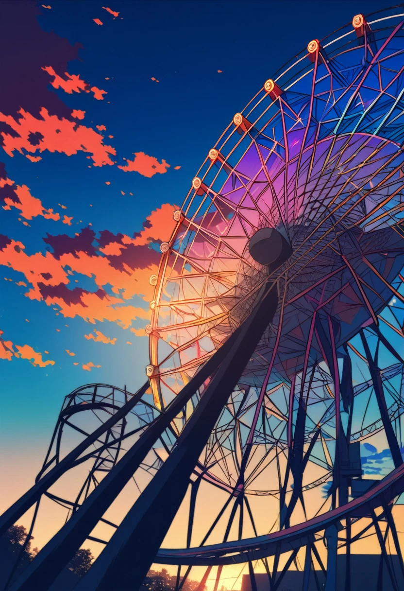 A colorful Ferris wheel rotates in the sunset,Ambient Lighting,The sky is changing color,Animation illustration style,Bright colors,Rich in details