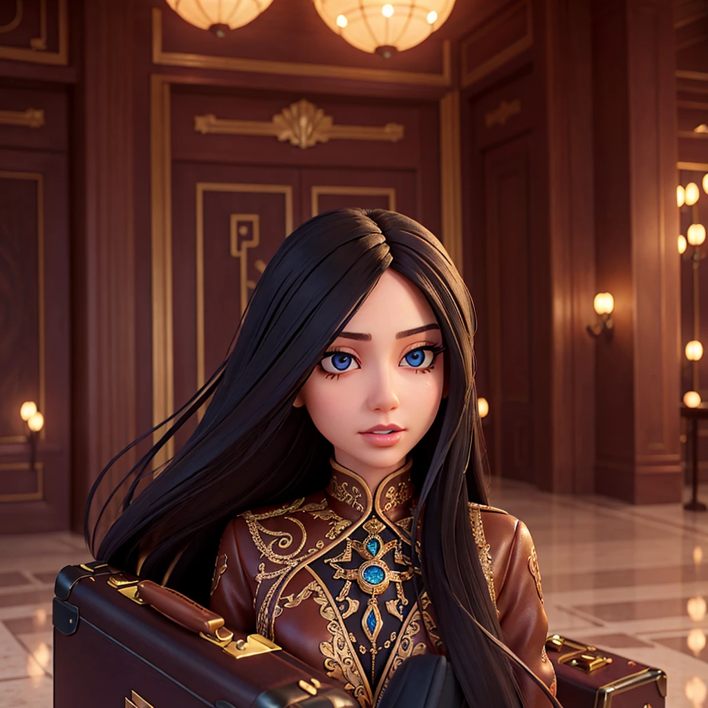 a beautiful girl with long hair arriving at the luxurious star hotel paradise international, elegant leather suitcase, expensive designer outfit, beautiful detailed eyes,beautiful detailed lips,extremely detailed eyes and face,longeyelashes, photorealistic, 8k, hyperdetailed, intricate details, dramatic lighting, cinematic mood, vibrant colors, atmospheric, wide angle