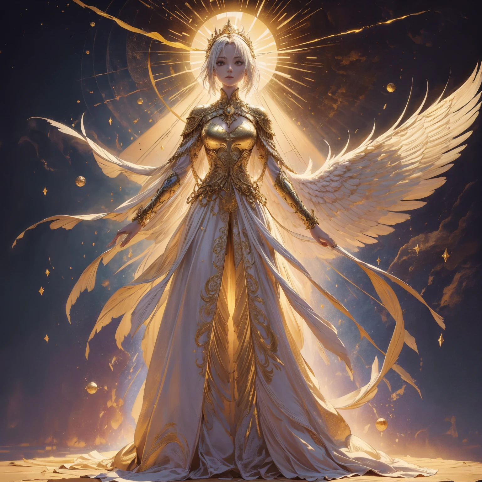 Art of a woman wearing a sun crown looking down on mortals, Wearing a gorgeous golden breastplate that exposes a small amount of skin above the chest, Wearing a gorgeous golden dress, A pair of giant angel wings taller than the body spread out behind the woman., ancient goddess art, Sacredness. Very detailed, Mysterious inspiration, Inspiration from the Sun God, Religious inspiration, A divine background, Cold and snobbish face, Dangerous expressions, White hair, Standing pose floating in the air, One hand snapped its fingers while the other held a brilliant sphere as bright as the sun., Full body portrait, Gothic art style, Weird art style, Occult art