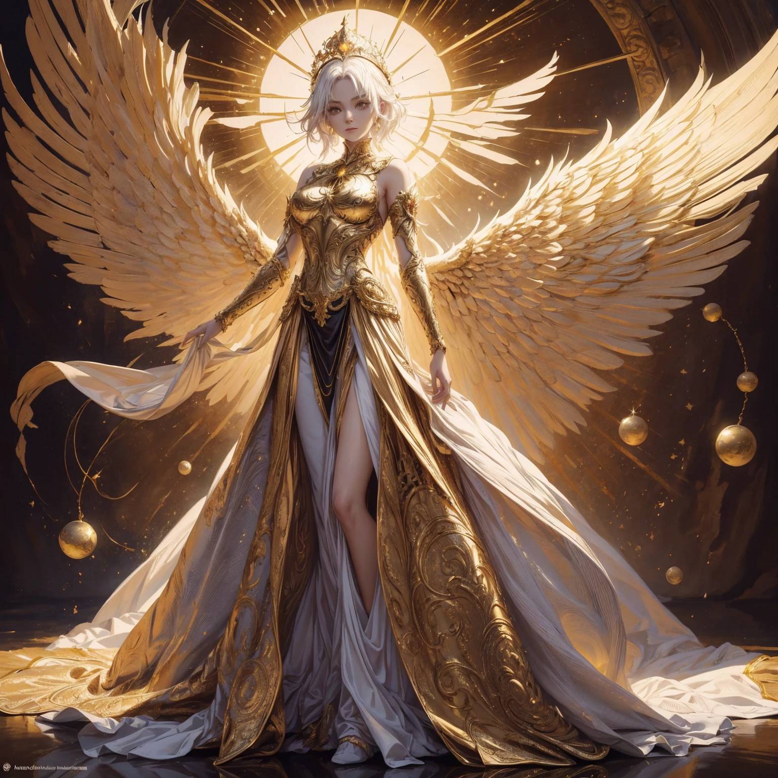 Art of a woman wearing a sun crown looking down on mortals, Wearing a gorgeous golden breastplate that exposes a small amount of skin above the chest, Wearing a gorgeous golden dress, A pair of giant angel wings taller than the body spread out behind the woman., ancient goddess art, Sacredness. Very detailed, Mysterious inspiration, Inspiration from the Sun God, Religious inspiration, A divine background, Cold and snobbish face, Dangerous expressions, White hair, Standing pose floating in the air, One hand snapped its fingers while the other held a brilliant sphere as bright as the sun., Full body portrait, Gothic art style, Weird art style, Occult art