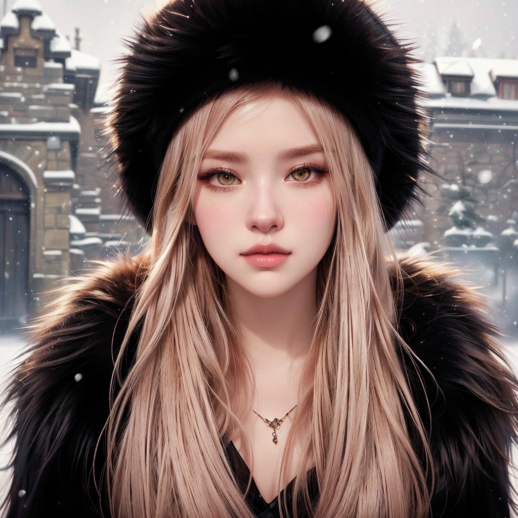 a closeup of a woman with long hair and a fur hat, in bowater art style, guweiz style artwork, Charlie Bowater Style, winter princess, heavy winter aesthetic, in Charlie Bowater Style, charlie bowater artistic style, with long hair and piercing eyes, Neoartcore y Charlie Bowater