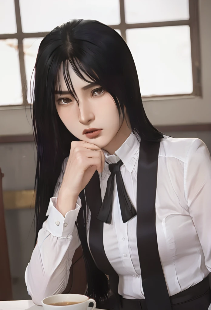 (masterpiece high quality, modern clothes) Arcane, caitlyn, black hair, 1girl, long hair, bangs, black attire, normal , messy hair, white top suit, black clothes, anime style character, highly detailed exquisite fanart, realistc anime
