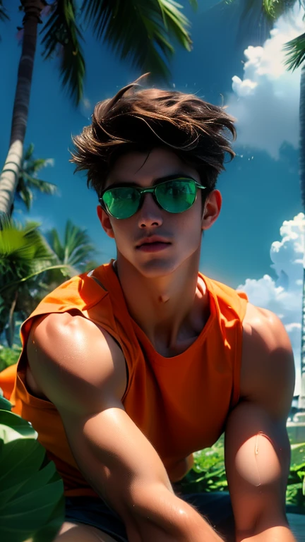 Handsome tall muscular green-eyed Mexican swimmer wearing an orange sleeveless T-shirt with blue showing the pecs a red Hawaiian Bermuda, huaraches black lying on a palm tree with sunglasses in his eyes looking at the sky