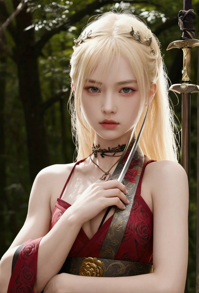 ２０Year、beautiful,、Cute Girls、Warrior、dragon tattoo on arm、Hold the Japanese sword in front of your body、Draw your sword and prepare、Sharp Eyes、Enemy&#39;s blood on his cheek、In the woods、Swordsman、Rose tattoo on chest、Blonde、Contemporary face、Swing down the sword、