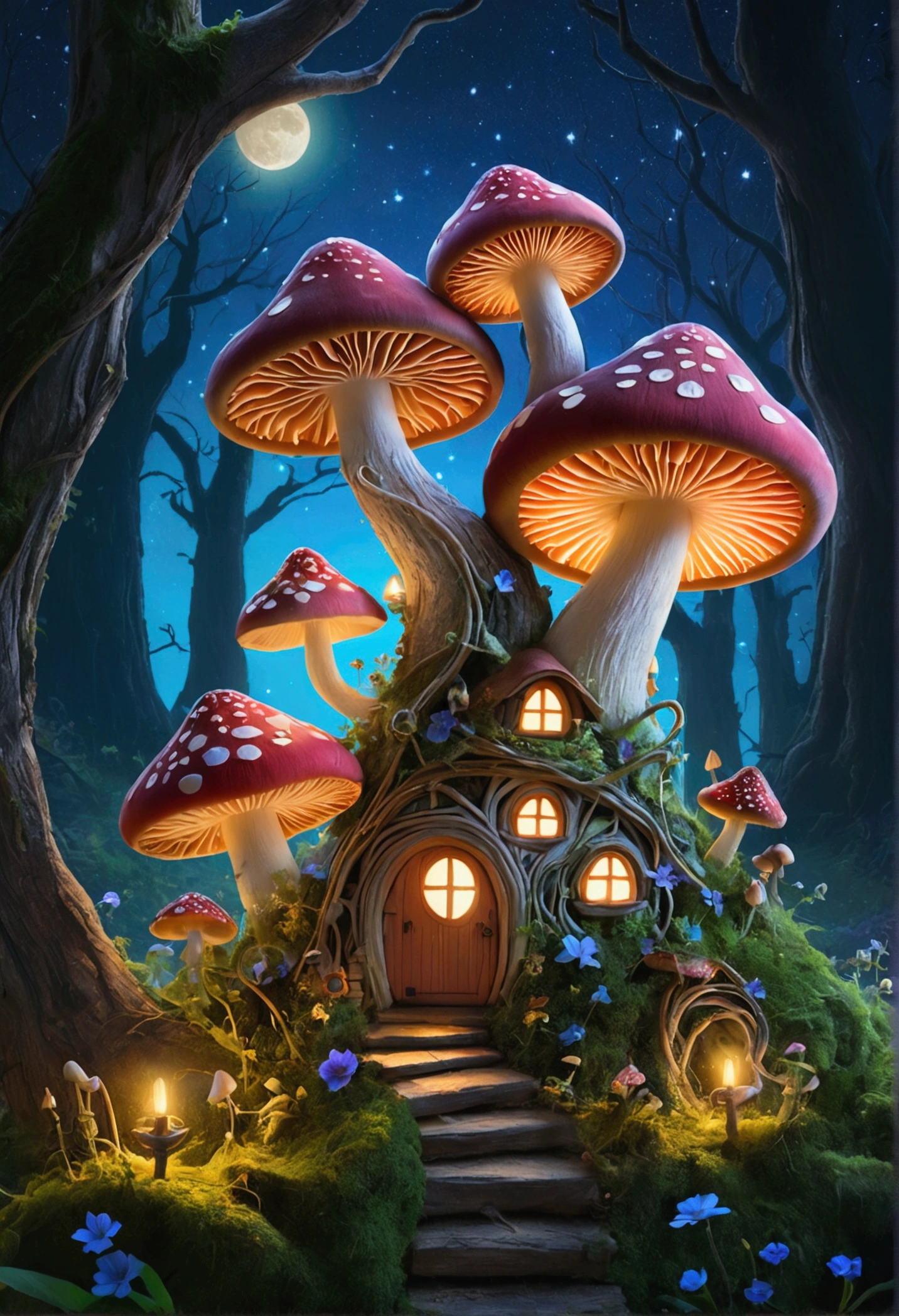 A colony of fairy houses of Mushrooms in the magical forest where stars grown on vines and moon in the shape of heart