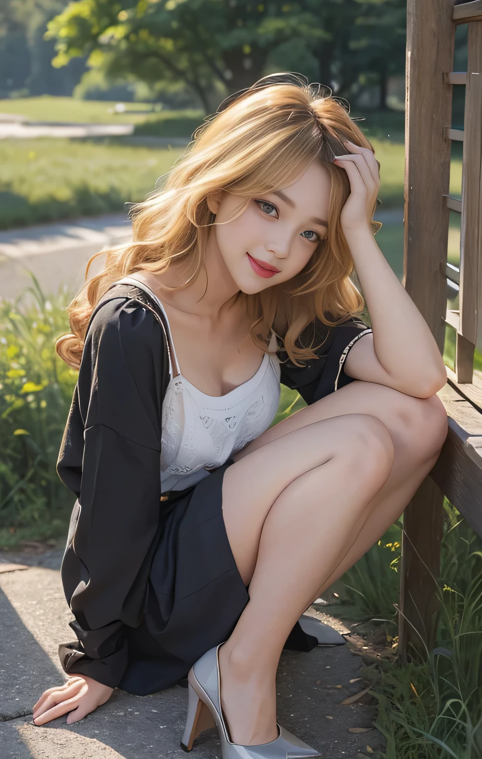 Highest quality、masterpiece、Ultra-high resolution、Realistic、RAW Photos、1 girl、Sexy Looks、Shoulder hair、The lower half of the body is curled up and wild...、Cute Smile like a model、frontage、Her hair color is blonde、Black tight mini skirt、Regular high heels、Double Eyes、Apply mascara、Cute pose like a model、Cute Face、Gorgeous as a model、Ultimate beauty、Cute Smile、Bright smile、Masseter region、Highest quality、let me'Very cute sexy girl、Absolute area、Slender models、