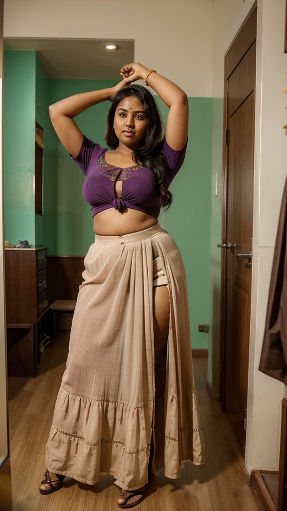 a 25-year-old man curiosily lifting the skirt of a radiant, full-figured South Indian 45 year old teacher wearing a net under skirt and blouse in dressing room, captured in a full-body image with vibrant hues and meticulous details. Full body image