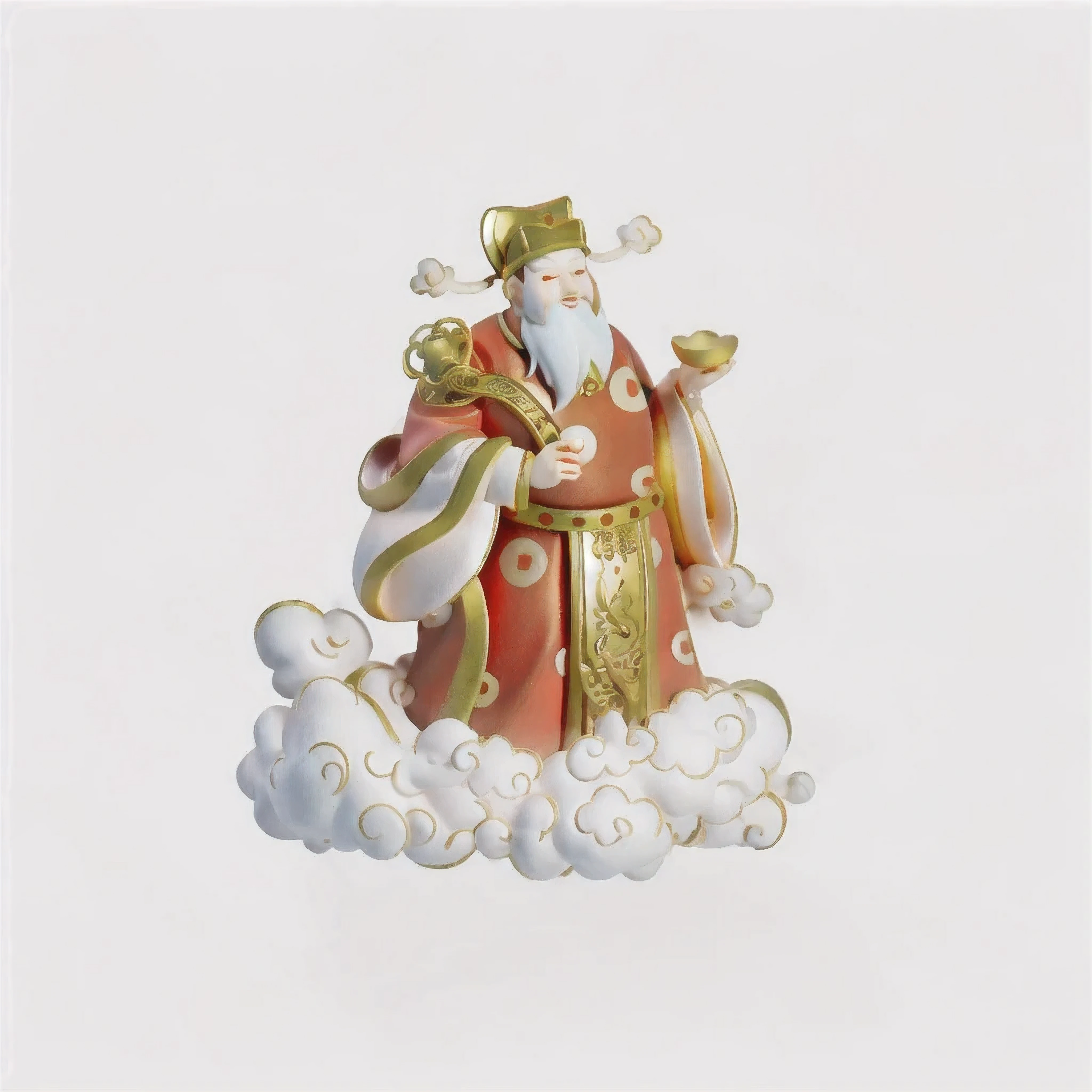 There is a 3D Chinese God of Wealth, God of Wealth, Big round eyes,Red costume,Asian cheek skin color,Black beard,Holding a gold ingot in his hand,3D auspicious clouds,Chinese Mythology, , Chinese Art Style, Pure white background,Chinese style,3d,C4D ,Ultra HD,HD,detail