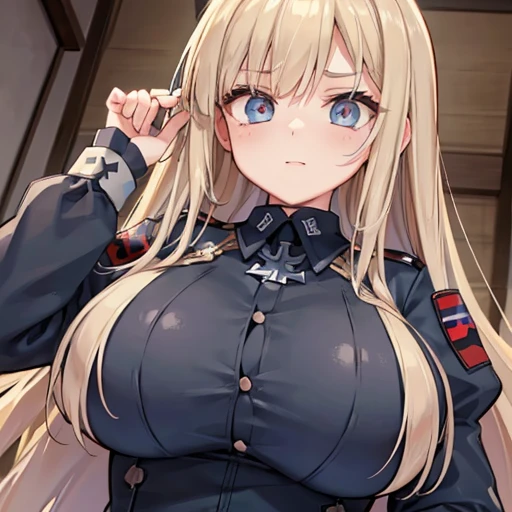 A girl who wears military clothes, brown heirs, gigantic breasts, anime cartoon, german third reich, long heirs,((highest quality)), ((masterpiece)),details, bleu eyes