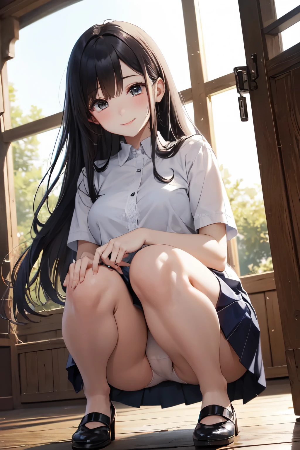 very cute and beautiful girl,(Very detailed美しい顔), (smile),blush,Black Hair,Seraphim,(White Hair、long hair),(White Shirt、Pleated navy blue pread your legs、Squat)、Sitting、(From below)、(Lace panties), Country road, (Highest quality,masterpiece:1.0),Absurd,High resolution,Super detailed,Very detailed,32K,8k resolution, Intricate details,Movie Scenes,Detailed Background,alone,Dynamic Angle,