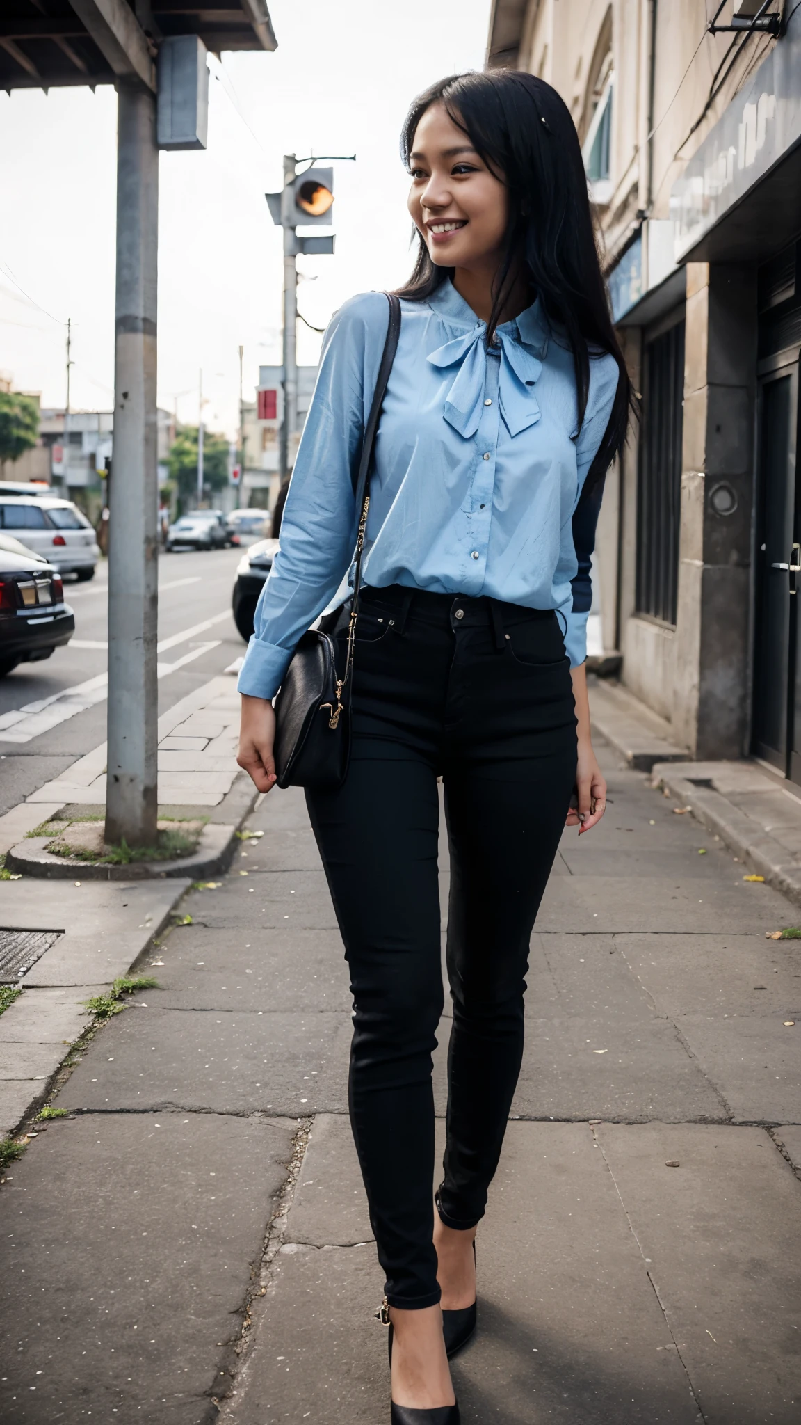 25 years old, girl, blue blouse, black skinny jeans, black hair, indonesian girl, smile, with heel and bag, street
