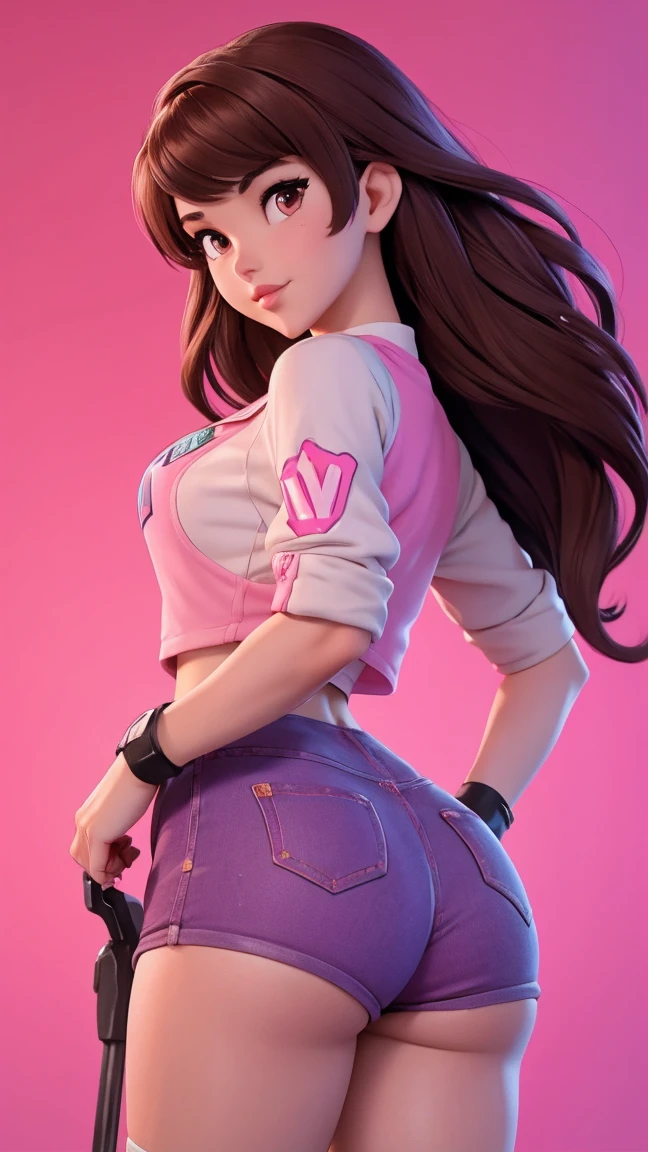 18 year old, brown hair, pink eyes, cute pose, D.Va, very short shorts, crop top, looking back at the viewer