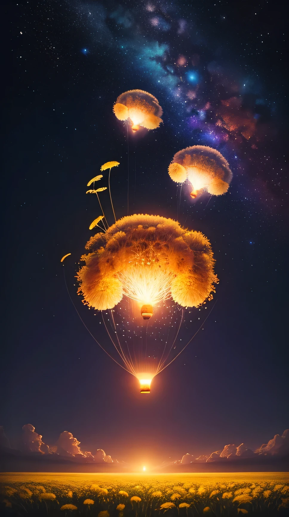 Create a blissfull artistic scene of dandelions floating in the air, resembling small hot-air balloons in a surrealistic and abstract image of a galaxy, dark fantasy, cinematic, photo