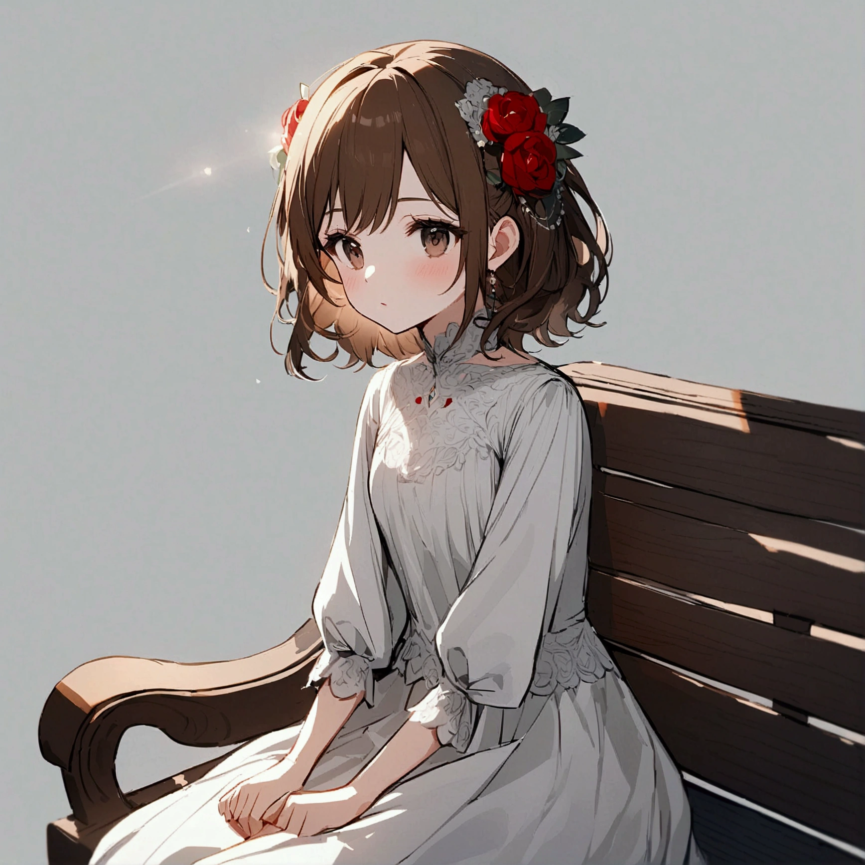 Light gray background Red flower Girl sitting on a bench simple Brown hair, short, light shining through